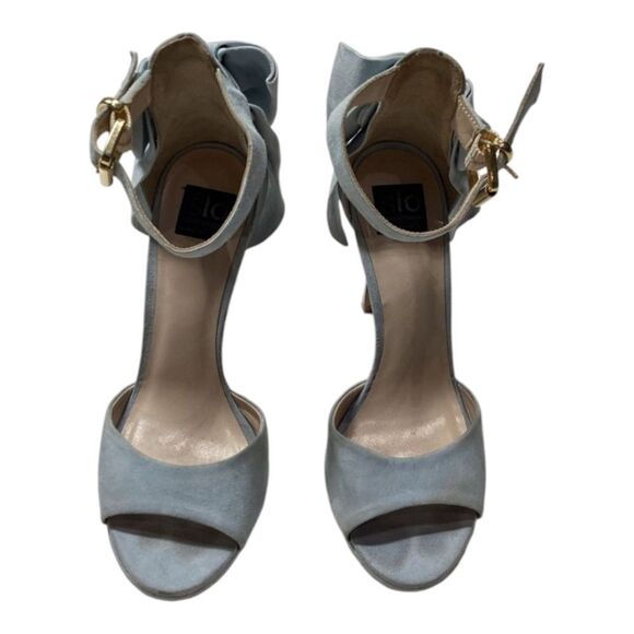 ISLO Isabella Lorusso Back Bow Open Toe Light Blue Suede Heels Size EU 37 - Picture 1 of 16
